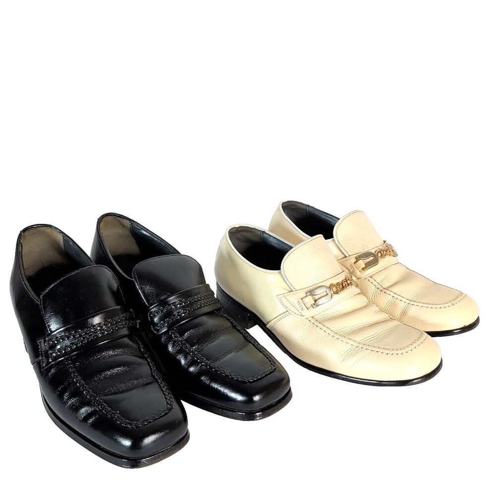 Men Vintage Dress Shoes Lifts 2 Pair Black and Ivory Size 7 JCPenney Gold Chain